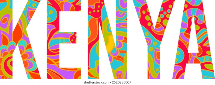 Kenya creative country name text design filled with colorful doodle pattern	