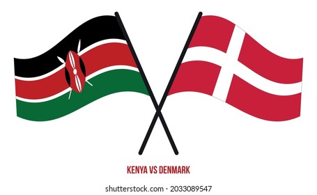 Kenya and Denmark Flags Crossed And Waving Flat Style. Official Proportion. Correct Colors.