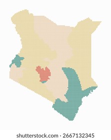 Kenia gepunktete Karte. Digitale Landkarte auf weißem Hintergrund. Kenia-Form mit Kreispunkten. Farbige Punkte. Kleine Kreise. Tolle Vektorgrafik.