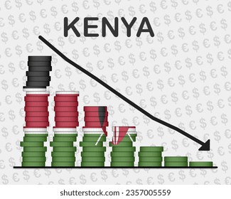 Kenya economic collapse, decreasing values with coins, crisis and downgrade concept, Kenya flag with changes, falling arrow, news banner idea, fail and decrease, financial decline
