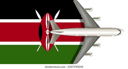 Kenya flag with airplane flying over it close up. Vector image.