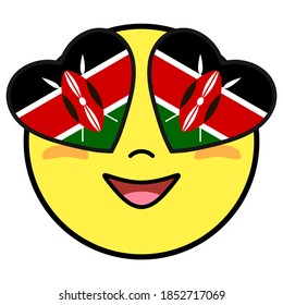 Kenya flag button. Patriotic smile in hearts glasses. Emoji icon isolated on white background.