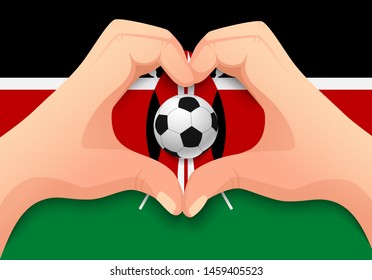 Kenya flag and hand heart shape. National football background. Soccer ball with flag of Kenya vector illustration