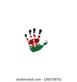 Kenya flag and hand on white background. Vector illustration