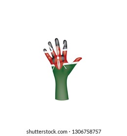 Kenia-Flagge und Hand auf weißem Hintergrund. Vektorgrafik
