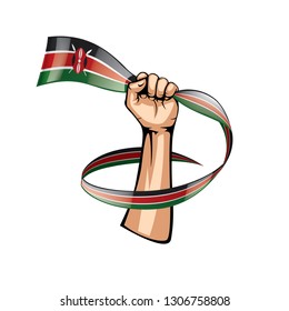 Kenya flag and hand on white background. Vector illustration