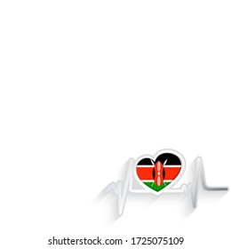 Kenya flag heart shaped and heartbeat line isolated on white. Kenya Patriotic Background. Vector illustration.