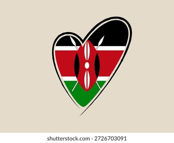 Bandera de Kenia ilustrada dentro de un símbolo de corazón dibujado a mano que representa el orgullo nacional y el amor patriótico por el país.
