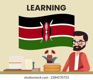 Kenya flag with a male teacher, learning or teaching Kenya language, bearded man with glasses and country flag vector design, language school concept