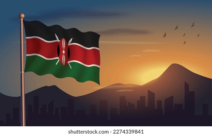 
Kenya flag with mountains and morning sun in the background