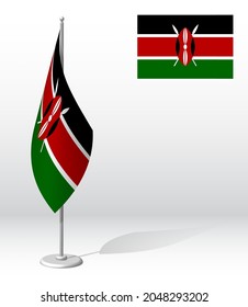 Kenya flag on flagpole for registration of solemn event, meeting foreign guests. National independence day of Kenya. Realistic 3D vector on white