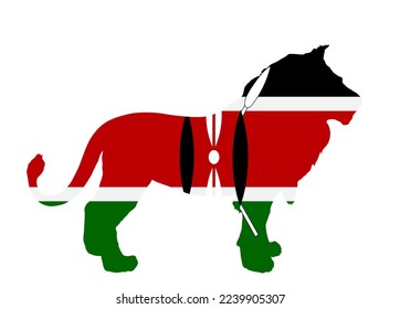 Kenya flag over lion animal vector silhouette illustration isolated on white background. Lion shape shadow national animal symbol of Kenya. State in Africa continent. Safari tourism invite. 