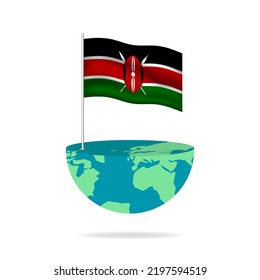 Kenya flag pole on globe. Flag waving around the world. Easy editing and vector in groups. National flag vector illustration on white background.