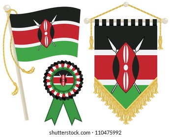 kenya flag, rosette and pennant, isolated on white