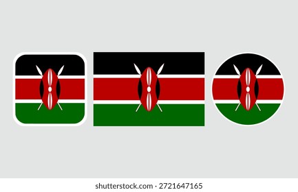 Conjunto de iconos de la bandera de Kenia. Un conjunto de banderas en Formas cuadradas, rectangulares y redondas. Icono de la bandera. Colores estándar. Ilustración vectorial.