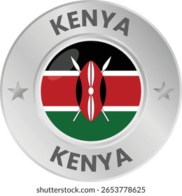 Kenya flag in silver colored medal. National flag in metal circle emblem.