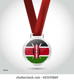 Kenya Flag in Silver Medal. Vector Illustration. RIO Olympic Game silver Medal. Vector Illustration