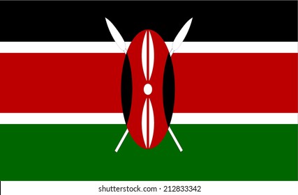 Kenya flag vector illustration isolated. National symbol of Kenya, state in Africa. Patriotic sign with coat of arms. Heraldic emblem banner present crossed spears and shield.