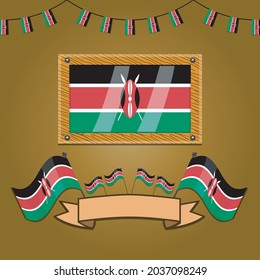 Kenya Flags On Frame Wood, Label, Simple Gradient and Vector Illustration