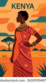 Quênia. Ilustração plana de vetor brilhante da mulher queniana em roupas tradicionais Maasai com elementos abstratos de savana no fundo. Arte simbólica forte e colorida, cultura africana