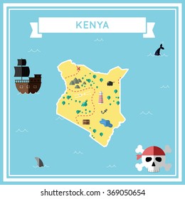 Kenya flat treasure map. Colorful cartoon treasure map of Kenya with flat icons of pirate ship, jolly roger, treasure chest and banner ribbon. Flat design vector illustration.