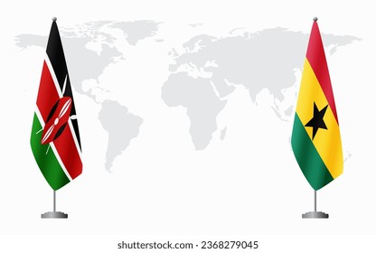 Kenya and Ghana flags for official meeting against background of world map.