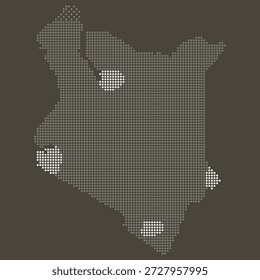 Mapa punteado gris y blanco de Kenia sobre Brown para energía sostenible y tecnología de red agrícola. Mapa de Kenia en estilo punteado.