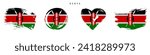 Kenya hand drawn grunge style flag icon set. Kenyan banner in official colors. Free brush stroke shape, circle and heart-shaped. Flat vector illustration isolated on white.