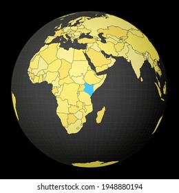 Kenya highlighted on a dark globe with a yellow world map. Satellite world projection centered on Kenya. Radiant vector illustration.