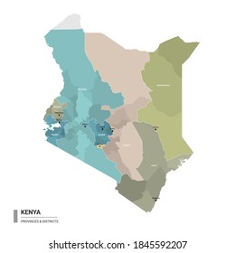 Kenya higt detailed map with subdivisions. Administrative map of Kenya with districts and cities name, colored by states and administrative districts. Vector illustration