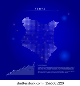 Kenya illuminated map with glowing dots. Infographics elements. Dark blue space background. Vector illustration. Growing chart, lorem ipsum text.