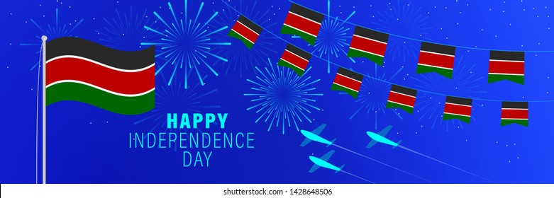 December 12 Kenya Independence Day greeting card. Celebration background with fireworks, flags, flagpole and text.