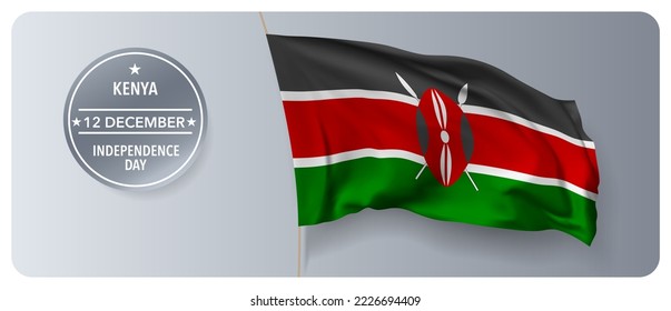 Kenya independence day vector banner, greeting card. Kenyan wavy flag in 12th of December national patriotic holiday horizontal design