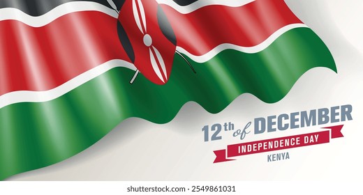 Kenya independence day vector banner, greeting card. Kenyan wavy flag in 12th of December national patriotic holiday horizontal design