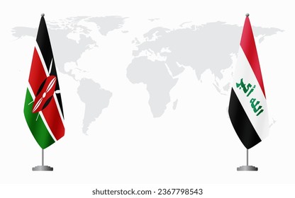 Kenya and Iraq flags for official meeting against background of world map.