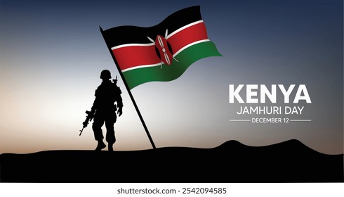 Kenia Día Jamhuri 12 de diciembre ondeando bandera con cartel de Vector de soldado