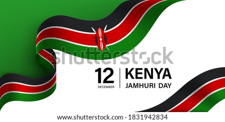 Kenya Jamhuri Day vector illustration.  12 December republic national holiday horizontal greeting card. Red, black, green waving flag ribbon, confetti on a dark background with blurred rays. 