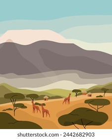 Kenya landscape with mountains row on skyline. Countryside of Africa: tribal village with huts, cabins. Wild giraffes, African acacia trees on savanna valley, grassland. Flat vector illustration