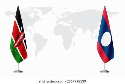 Kenya and Laos flags for official meeting against background of world map.