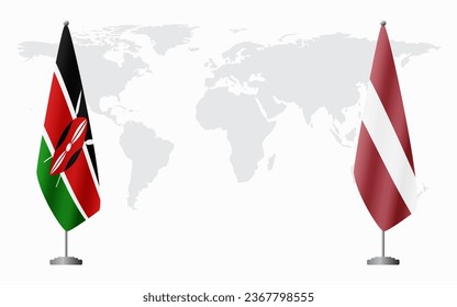 Kenya and Latvia flags for official meeting against background of world map.