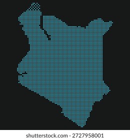 Mapa punteado azul claro de Kenia sobre fondo negro para centros de datos de Silicon Savannah. 