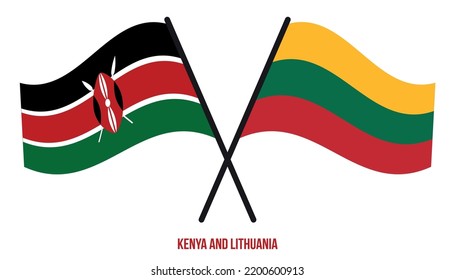 Banderas de Kenia y Lituania Cruzadas y ondeadas de estilo plano. Proporción oficial. Colores correctos.