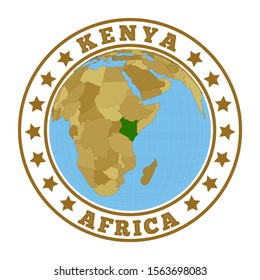 Kenya logo. Round badge of country with map of Kenya in world context. Country sticker stamp with globe map and round text. Vector illustration.