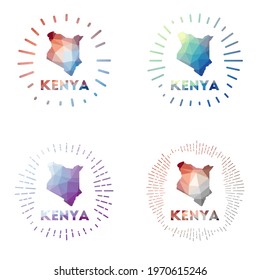 Kenya low poly sunburst set. Logo of country in geometric polygonal style. Vector illustration.