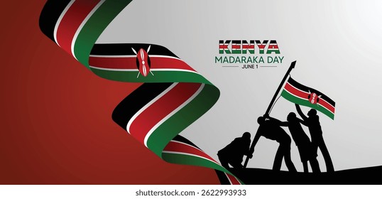 Dia de madaraka do Quênia 1 junho bandeira fita com pessoas segurando país bandeira vetor poster