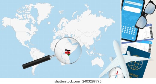 Kenya is magnified over a World Map, illustration with airplane, passport, boarding pass, compass and eyeglasses. Vector illustration.