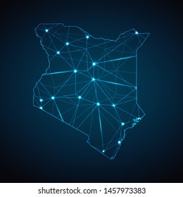 Kenya Map - Abstract geometric mesh polygonal network line, structure and point scales on dark background with lights in the form of cities. Vector illustration eps 10.