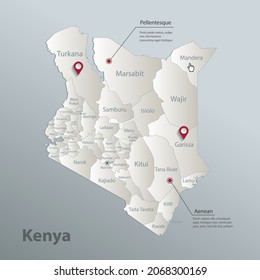 Mapa de Kenia, división administrativa con nombres, portador 3D de la tarjeta blanca azul