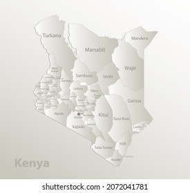 Mapa de Kenia, división administrativa, separa regiones y nombres individuales, papel de tarjeta 3D vector natural