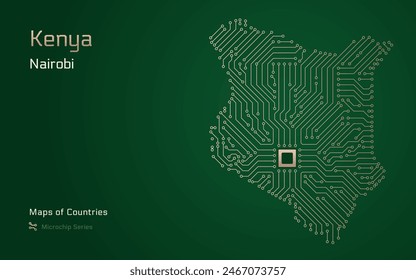 Kenia Mapa con la capital de Nairobi mostrado en un patrón de microchips con procesador. Gobierno electrónico. Mapas de Vector de Países Mundiales. Serie de microchips